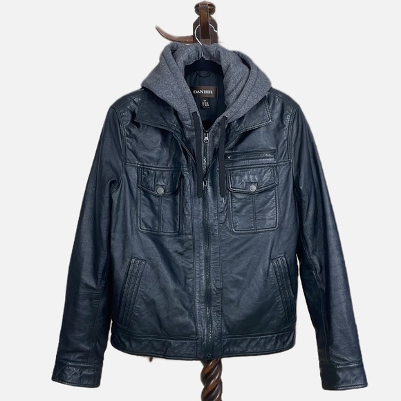 Danier Other - Danier Mens' Genuine Leather Black Bomber Jacket with Zipper And Hood EU…